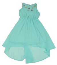 Zelené šifónové šaty s květy z kamínků