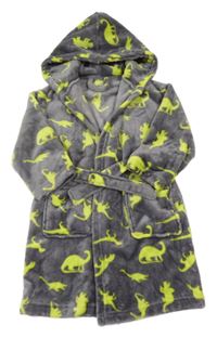 Šedý chlupatý župan s neonovými dinosaury a kapucí Lily & Dan
