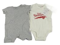 2set - Šedý kraťasový overal + bílé zavinovací body s nápisem 