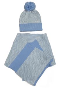 2set - Světlemodro-biela vzorovaná čapica s bambulí + šál