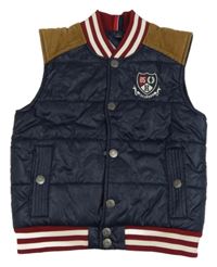 Tmavomodro-hnědá šusťákovo/manšestrová zateplená vesta s výšivkou Tommy Hilfiger