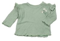 Zelené žebrované úpletové triko s volánky a květy George