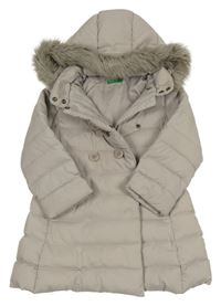 Béžový šusťákový zimní kabát s kapucí s kožešinou Benetton