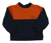 Tmavomodro-oranžová mikina s nápisom