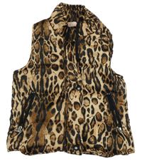 Béžovo-hnedo-čierna šušťáková zateplená vesta s leopardím vzorom