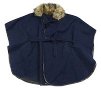 Tmavomodré flaušové pončo s opaskom a kožušinovým golierom