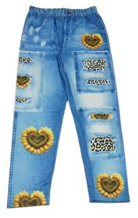 Svetlomodré legíny s riflovým vzhledem s kvetmi a leopardím vzorom