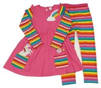2set - Růžovo-barevná šatová tunika s pruhovanými rukávy a jednorožcem + barevné pruhované legíny 