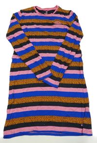 Ružovo-hnedo-čierne pruhované šaty s výšivkou WE