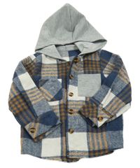 Tmavomodro-bielo-okrovo-sivá kockovaná flaušová košeľová bunda s kapucňou