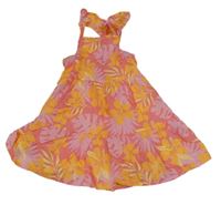 Ružovo-oranžové kvetované plátenné šaty s volánikmi Primark