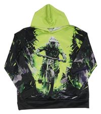 Černo-zelená mikina s motorkou a kapucí 