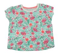 Bílo-tyrkysové tričko s listy a plameňáky Primark