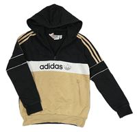 Černo-bílo-béžová mikina s logem a kapucí Adidas