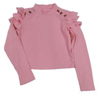 Růžové žebrované crop triko s volány a knoflíky 