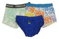 3 set - 2x bílobarevné boxerky + modré slipy s potiskem 