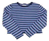 Modro-ružovo-tmavomodrý pruhovaný žinylkový crop sveter Zara
