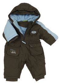 Hnědo-světlemodrá šusťáková zimní kombinéza s nášivkou a kapucí Topolino