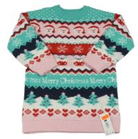 Zeleno-ružovo-červené pletené vzorované šaty so Santou Dunnes