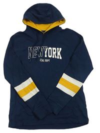 Tmavomodro-bílé žebrované mikinotriko s nápisem a pruhem a kapsou a kapucí 