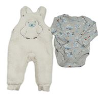 Nové - 2 set - Bílé huňaté laclové podšité kalhoty + šedé vzorované body F&F