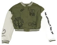 Kaki-biela baseballová crop mikina so smajlíkmi H&M