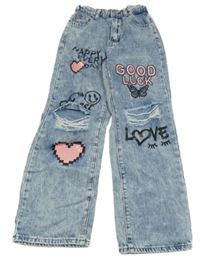 Modro-biele plesňové wide leg rifle s nápismi a motýlkom a smajlíkom a děravými koleny SHEIN