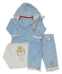 Nové - 3set - Světlemodrá sametová propínací mikina s medvídkem + tepláky + tričko 