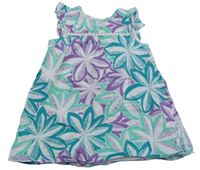 Tyrkysovo-bielo-fialové kvetované plátenné šaty GAP