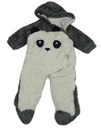 Šedo-bílá chlupatá zateplená kombinéza s pandou a kapucí Next