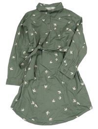 Khaki plátěné košilové šaty s ptáčky a páskem H&M