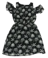 Čierno-biele šifónové šaty s palmami a volnými rameny page one young
