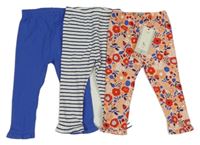 Nové - 3x - Legíny s volánkem - Zvonkově modré, bílo/tmavomodré pruhované, broskvové s kytičkami a beruškami Tu