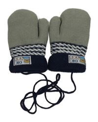 Šedo-tmavomodré pletené zateplené rukavice s nášivkou a šňůrkou 