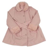 Svetloružový flaušový kabát s golierikom a kožešinou a opaskom