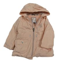 Broskvová šušťáková jarná zateplená parka s dúhou a nápismi a kapucňou C&A