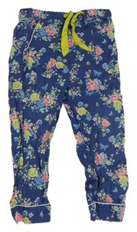 Tmavomodré cuff ľahké plátenné nohavice s kvietkami a motýlikmi M&S