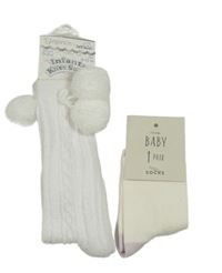 Nové - 2x - Ponožky - Bílé žebrované vzorované s bambulemi Soft Touch, smetanovo/světlefialové George