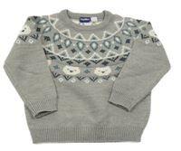 Sivý melírovaný pletený sveter s medvedíkmi a vzorom lupilu