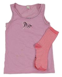 2Set - Lila košieľka  so srdiečkami a koníkem YIGGA + růžovo/bílé pruhované ponožky vel. 35-38