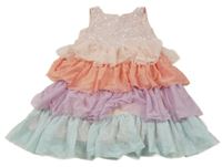 Svetloružová -korálovo-světlefialovo-mátové trblietavé tylové slávnostné šaty s flitrami a volánikmi H&M