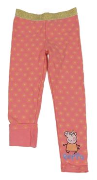 Růžové květované teplákové teplé legíny s Peppa Pig a zlatým pasem 