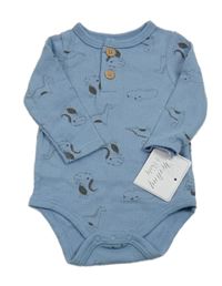 Nové - Modré žebrované body s dinosaury a knoflíky