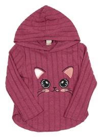 Malinové melírované rebrované úpletové tričko s mačkou a kapucňou