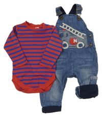 2set - Modré podšité laclové rifle s hasičským autem + červeno-modré pruhované body Next