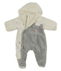 Smetanovo-šedá chlupatá zateplená kombinéza s kočkou a kapucí C&A