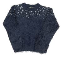 Tmavomodrý chlpatý crop sveter s flitrami Alive