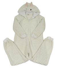 Biela rebrovaná chlpatá kombinéza s kapucí - králik John Lewis