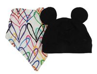 2set - Černá bavlněná čepice s oušky + bílo-barevný slinták se srdíčky