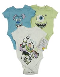 Nové - 3x body - smetanové zavinovací s Buzzem Rakeťákem + modré se Sullym + světlezelené s Mikem Wazowskin Primark